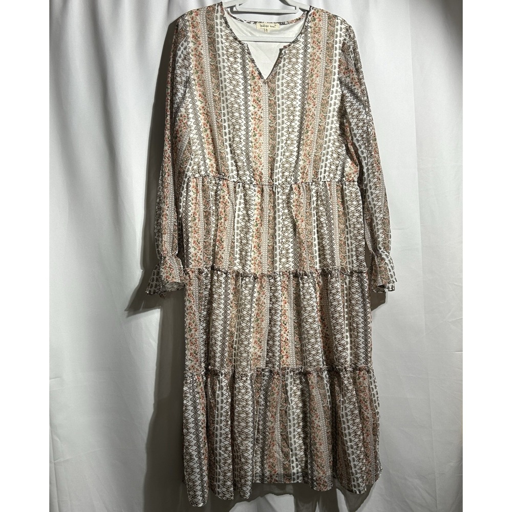 Indigo Soul Women's XL Maxi Tiered Dress Sheer Lined‎ Brown Pink Boho Peasant
